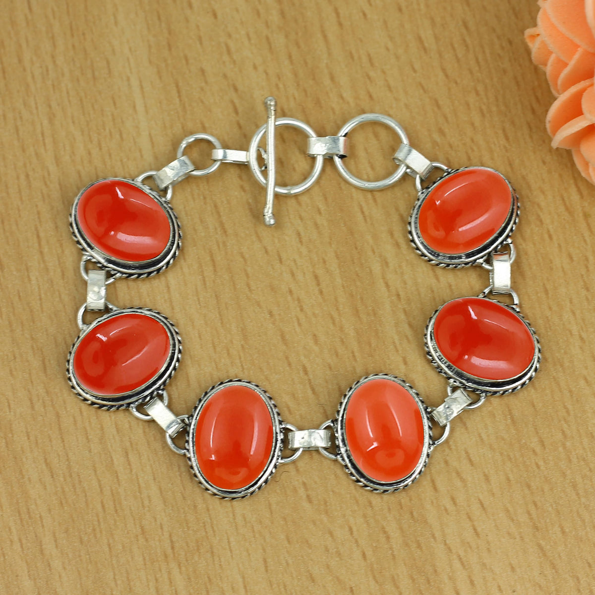Natural Carnelian Silver Plated Handmade Link Bracelet for Women - July Birthstone Oval Gemstone Adjustable Bracelet Vintage Style Jewelry - Wedding Christmas Gifts for Her