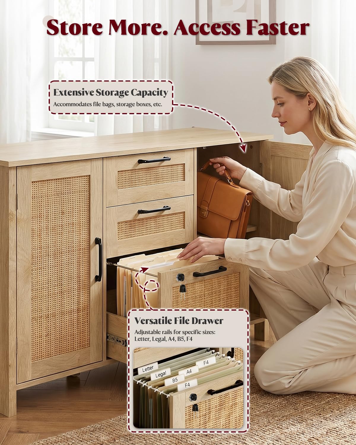 HOPUBUY 3 Drawer and 2 Doors File Cabinet with Lock, Printer Stand Lateral Filing Cabinets for Home Office and School, Wood Rattan File Cabinet for Hanging Files/Letter/Legal/A4/F4 Size, Natural Wood