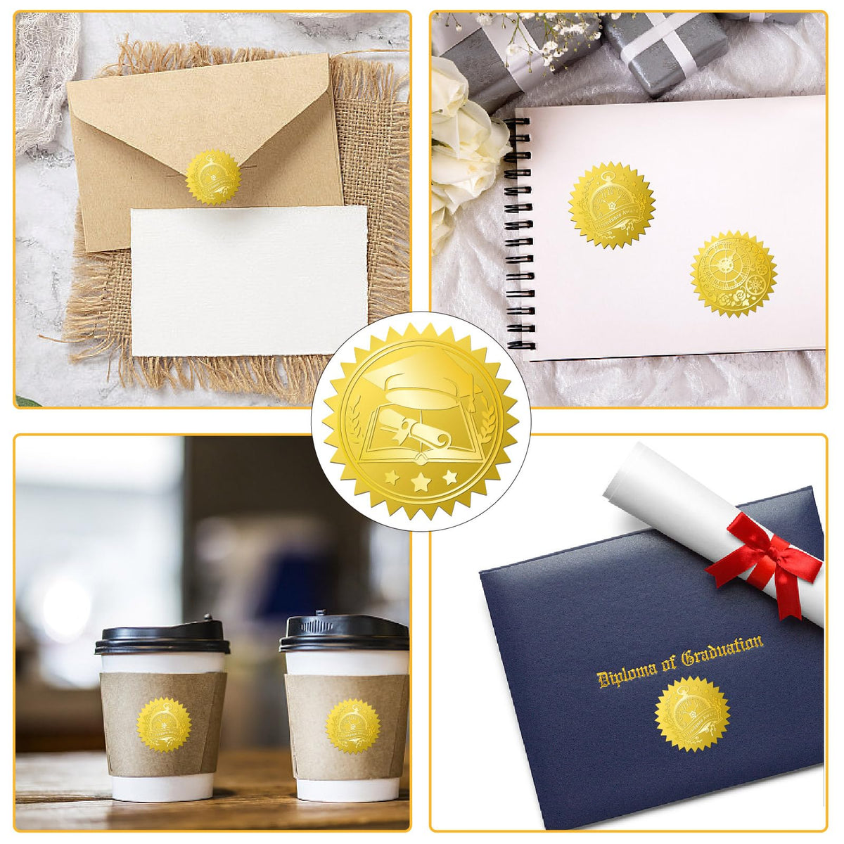 CRASPIRE 408Pcs Graduation Cap Books Certificates Official Gold Foil Embossed Stickers 2" Self Adhesive Envelopes Seals Round Labels for Award Wedding Invitation Corporate Diplomas Gift Wrapping Decor