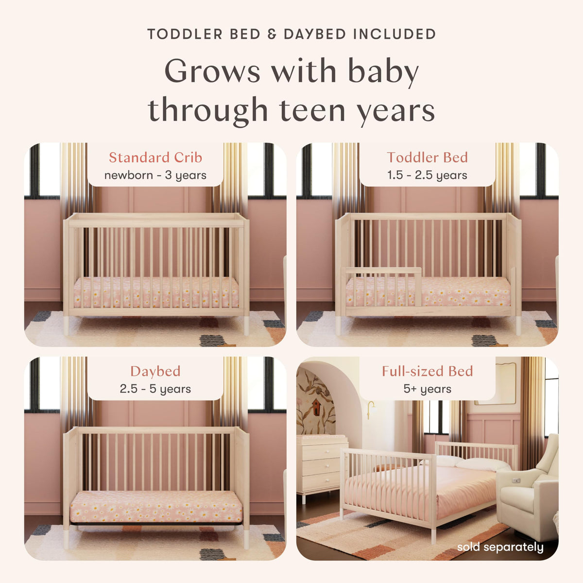 Babyletto Gelato 4-in-1 Convertible Baby Crib with Wooden Toddler Bed, Daybed & Full-Size Bed Conversion - GREENGUARD Gold Certified - 4 Adjustable Mattress Heights - Washed Natural & White