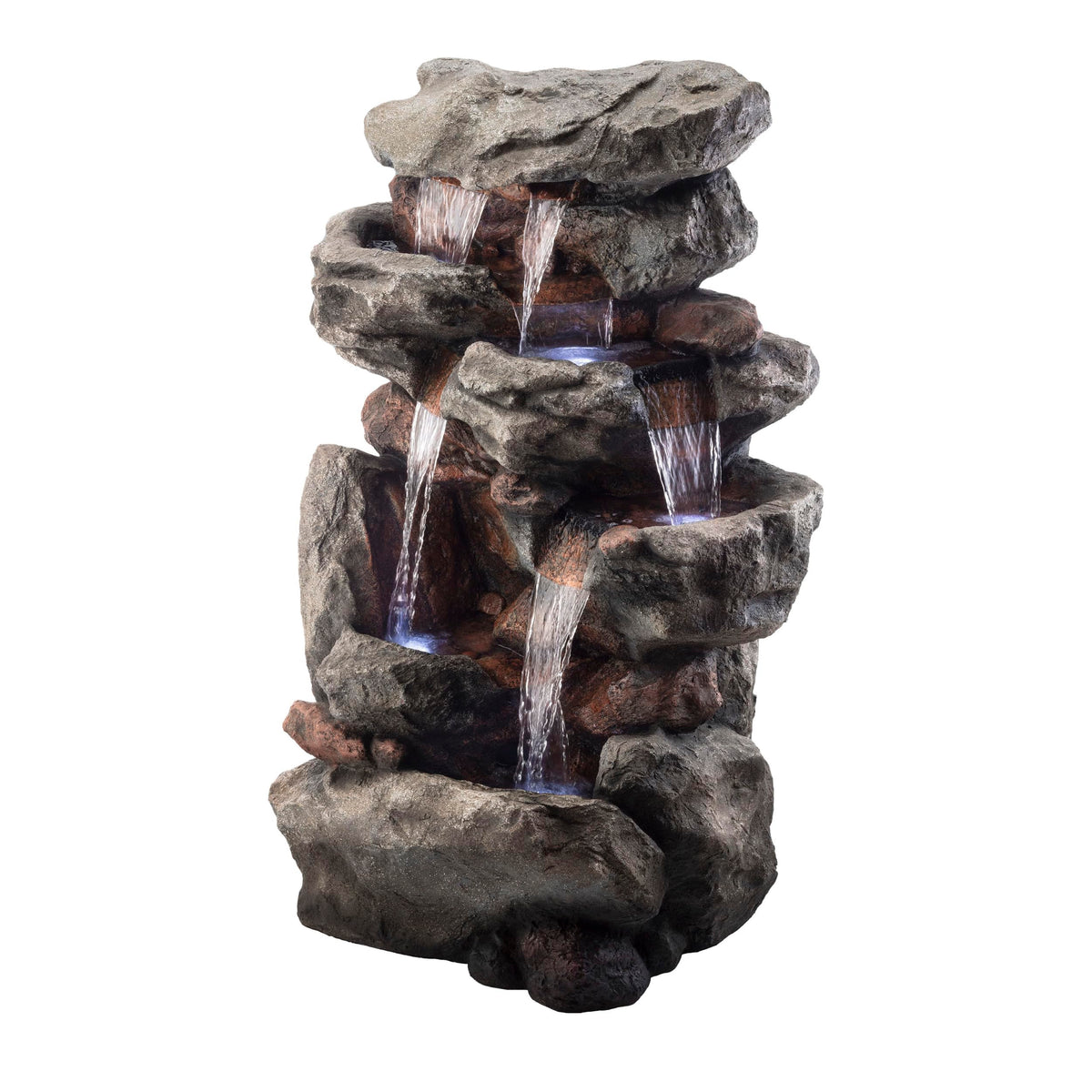 Alpine Corporation WIN730 Outdoor Floor Tiered Rock Waterfall Fountain with LED Lights and Natural Stone Look, 52", Brown
