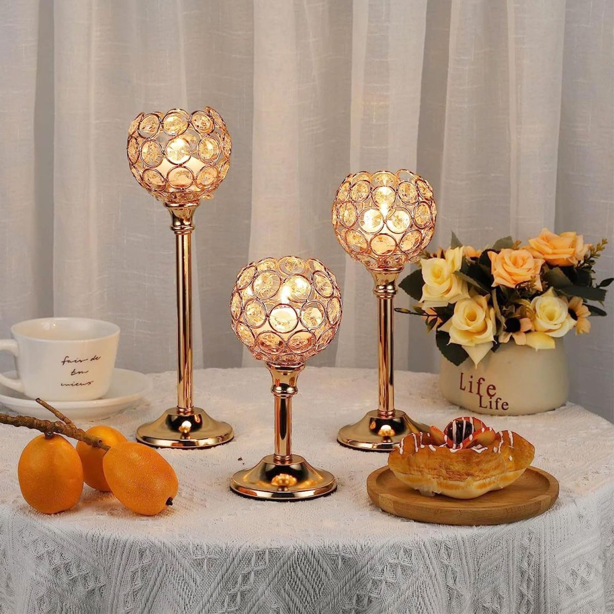 HearthLume Candle Holder Candlestick Holders- 2Set Gold Crystal Pillar Candle Holders,Metal Candlestick Stands for Wedding Centerpieces,Table Decor for Church,Valentine's Day Housewarming Gift,6Pcs