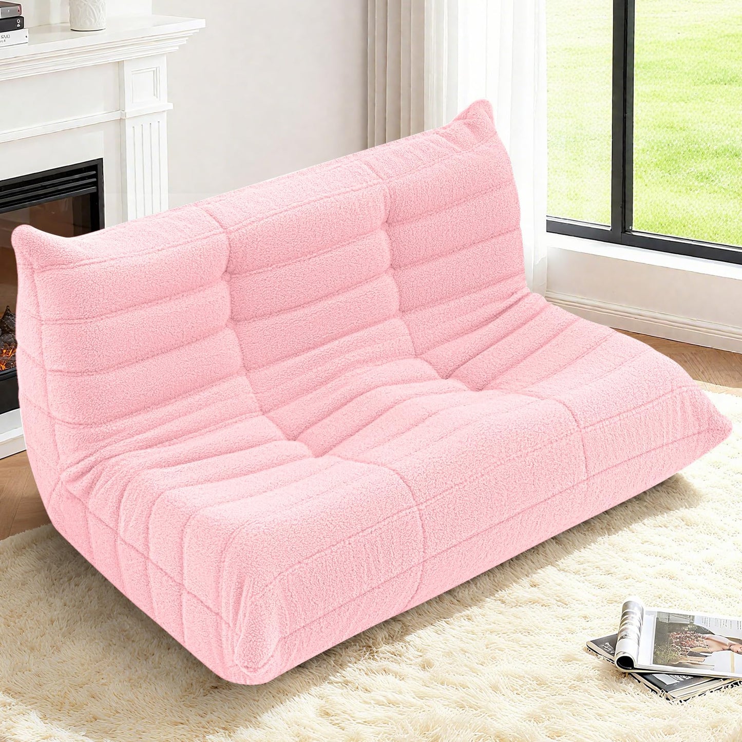 HABUTWAY Bean Bag Chairs Fireside Lazy Floor Sofa, Soft Teddy Fleece 2 Seater Sofa with High-Resilience Foam Filling，Beanbag for Living Room, Bedroom, Office (Pink Teddy)