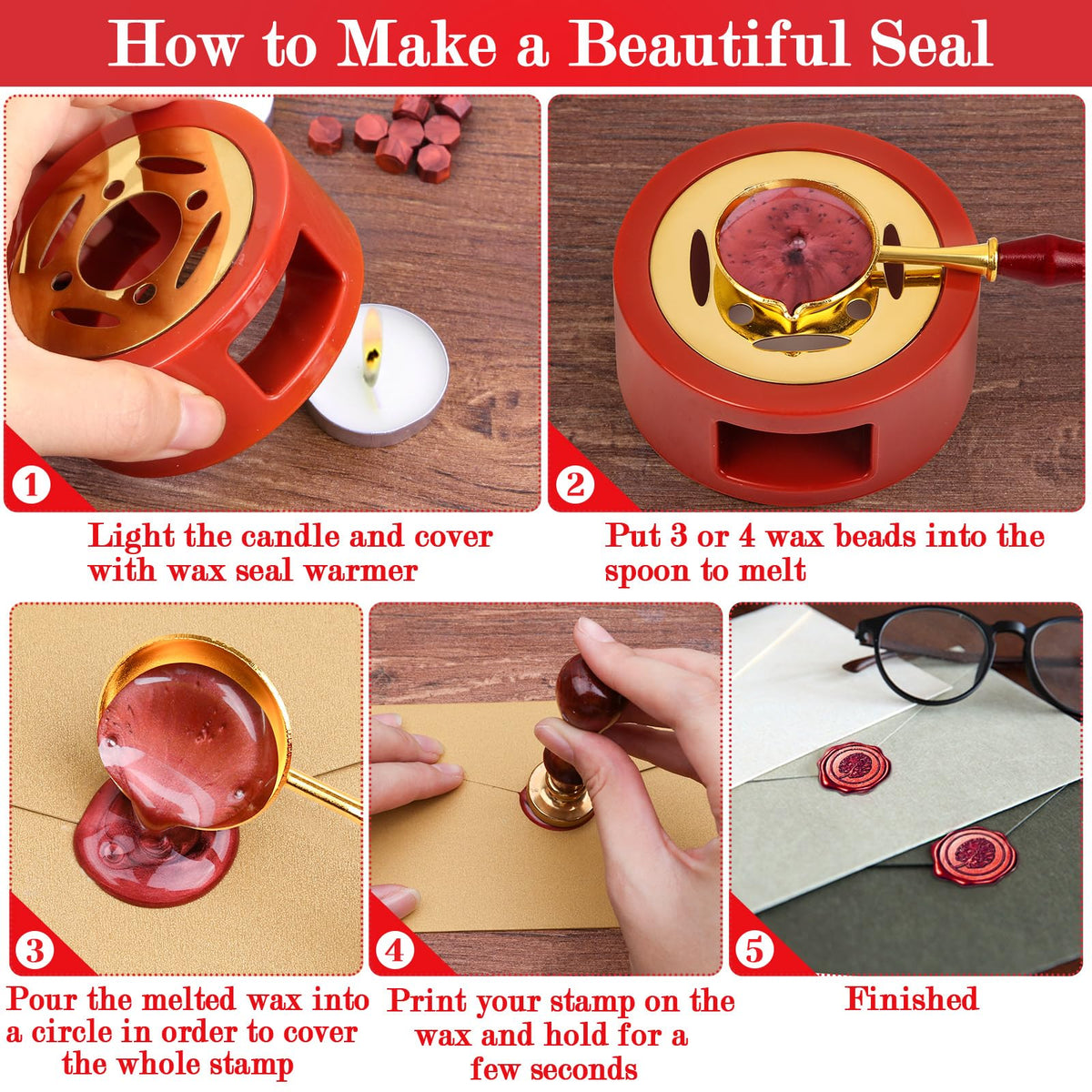 Red Wax for Letters Stamp Seals, Paxcoo 312pcs Stamp Wax Kit with Red Wax Seal Beads, Wax Seal Warmer, Wax Spoon and Tealight Candles for Wax Envelopes Mail and Wedding Invitations