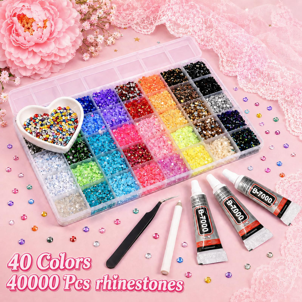 40000Pcs Bedazzling Kit, 40 Mix Colors Rhinestones Gems for Bedazzled Kits, All-in-One Bedazzler Kit Set for Crafting, Nail Art, Shoes, Books