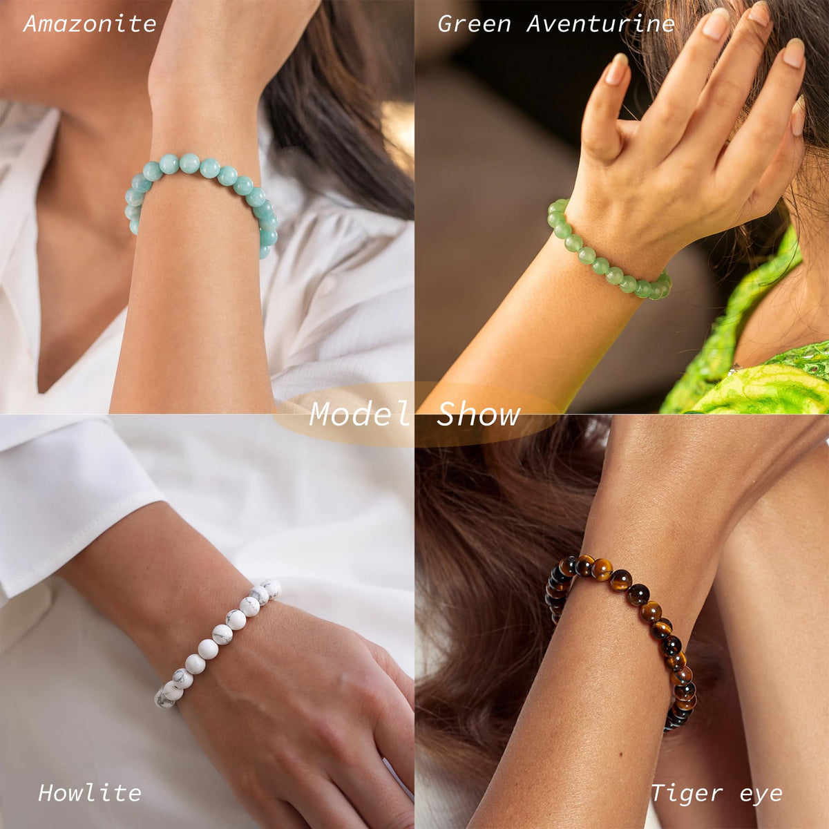 MOZAKA 12PCS Beaded Bracelets for Women Men - 8mm Semi-Precious Gemstone Beaded Bracelets, Crystal Stretch Round Beads Bracelets Unisex Jewelry Gift
