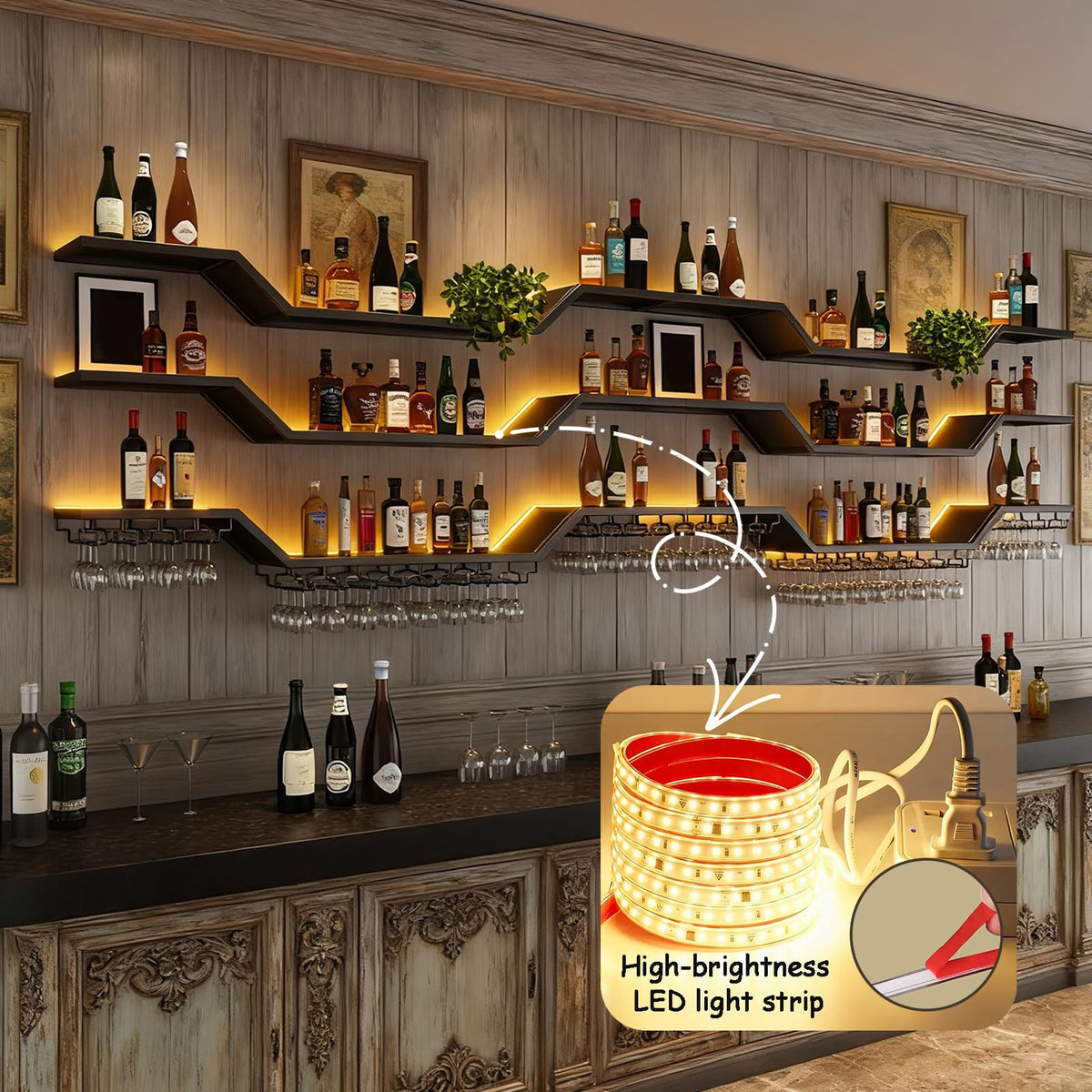 47.2in Modern LED Wine Rack Wall Mounted, 3-Tier Floating Bar Shelves with Wine Glass Rack, Large Hanging Liquor Shelf Wall Mounted, for Home Bar Dining Room Cafe Decorative (Black, 47.2in/120cm)