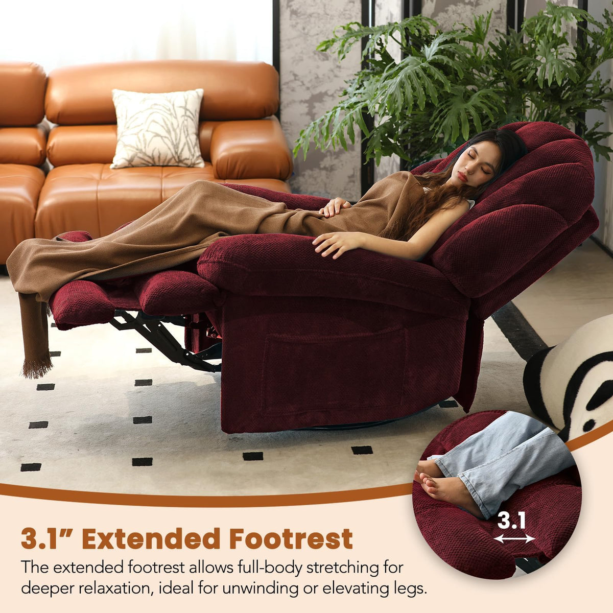 EONIX Dual Motor Power Swivel Rocker Recliner Chair for Living Room, Power Adjustable Backrest and Extended Footrest, Shell Shape Recliner Chair with USB Charging Ports, SXXY004021, Burgundy