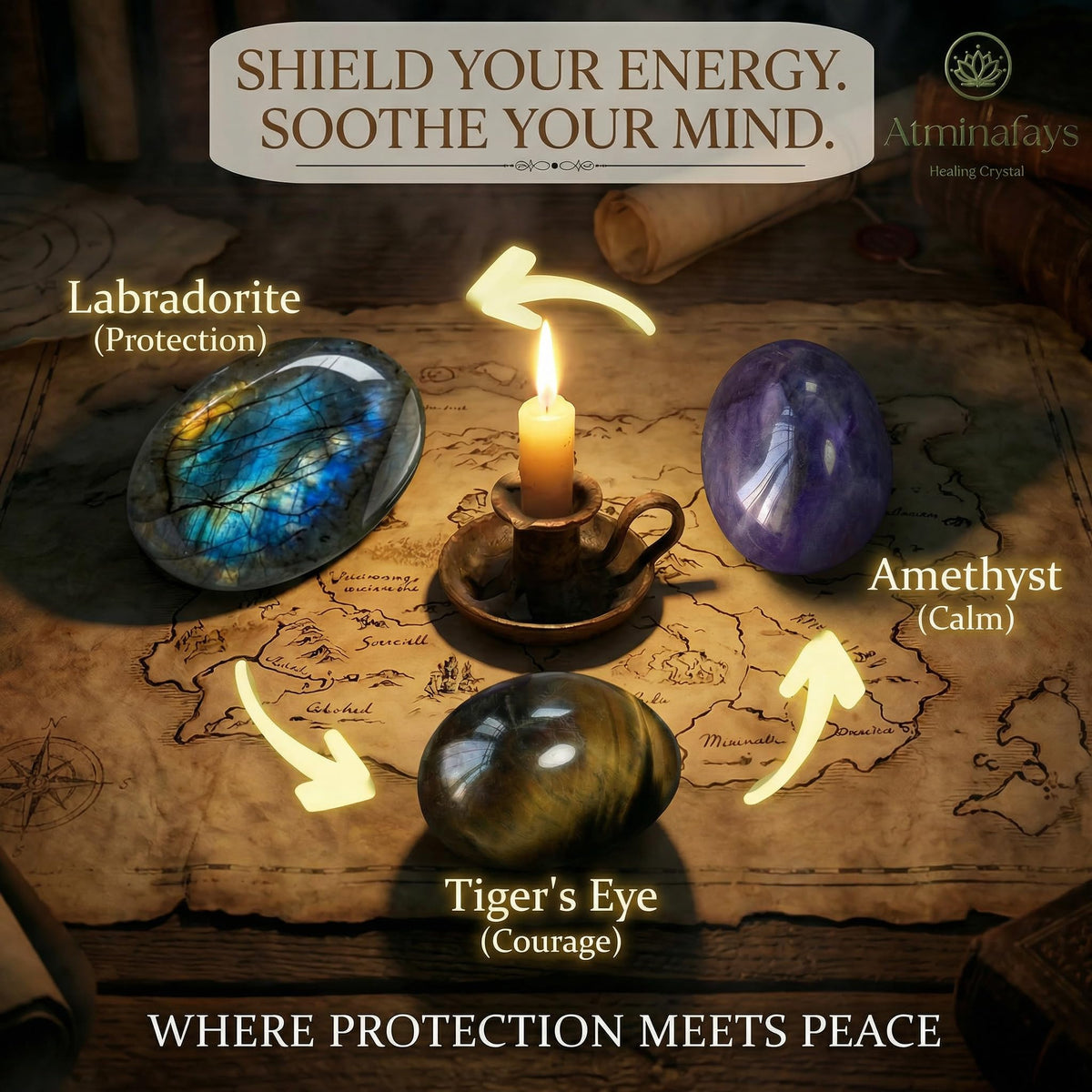 Protection & Anxiety Relief Crystal Set - Polished Palm Stones Labradorite, Tiger Eye & Amethyst, Worry Stones Trio for Meditation, Yoga, Travel Protection, Aura Cleansing & Chakra Balance