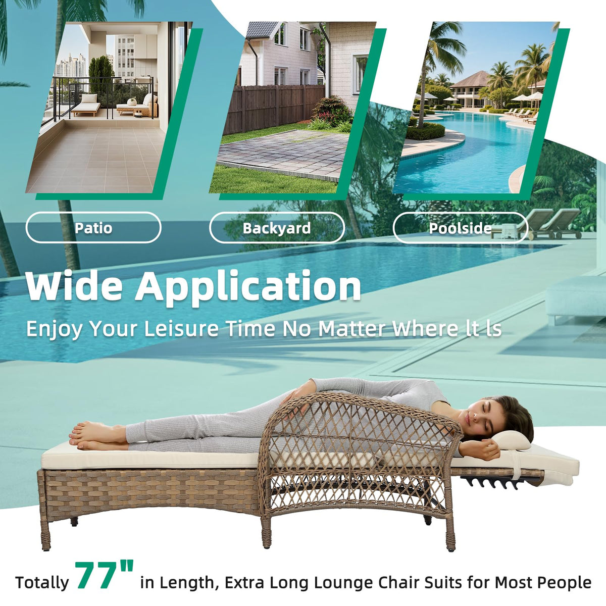 VIVIJASON 3 Pieces Outdoor Wicker Chaise Lounge Chair Set, All-Weather PE Rattan Cushioned Patio Lounger Set of 2 with Side Table, Adjustable Pool Sunbathing Recliner with Armrest & Pillow, Beige