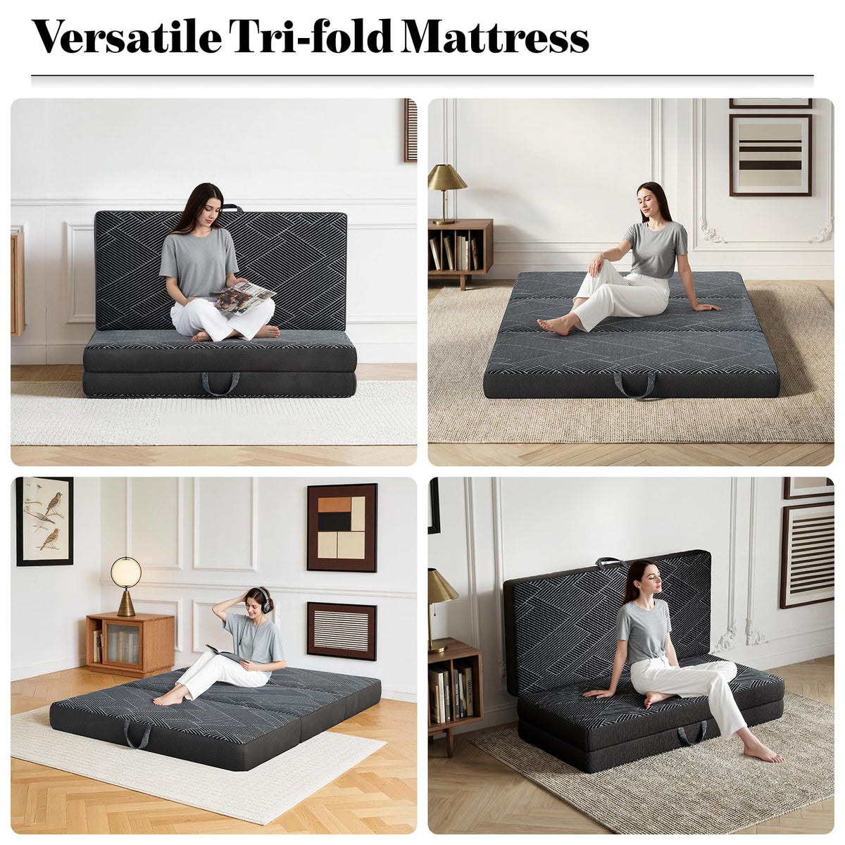 Tri Folding Mattress King Size - Foldable Mattress Trifold Memory Foam Mat with Washable Cover, Handle & Non-Slip Bottom Portable Foldable Floor Sofa Bed for Travel Camping Guest - 6 Inch, 80"x76"x6"