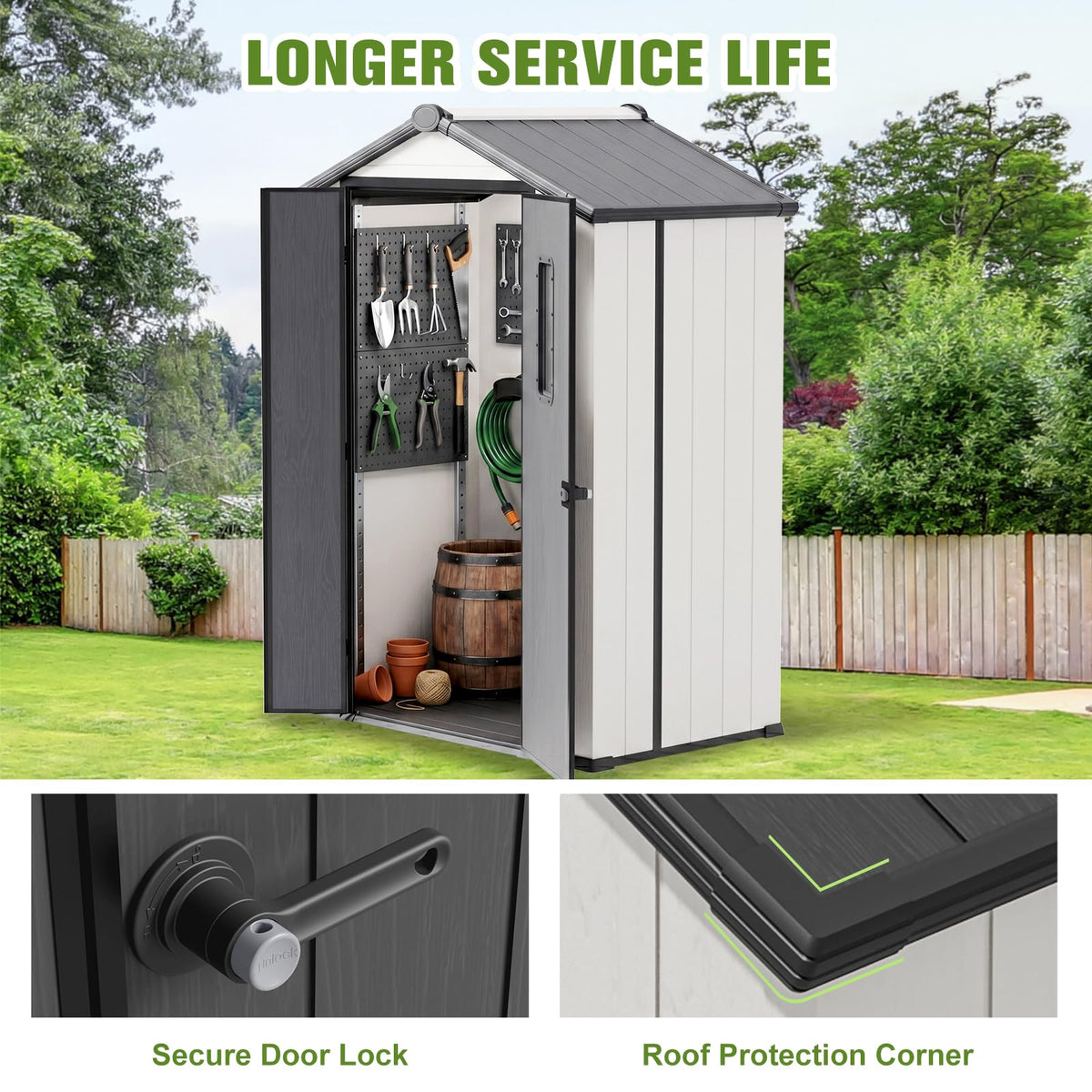 COOS BAY 5x3 Outdoor Storage Shed with Floor, Lockable Doors, All-Weather Resin Garden Tool Shed, White/Gray