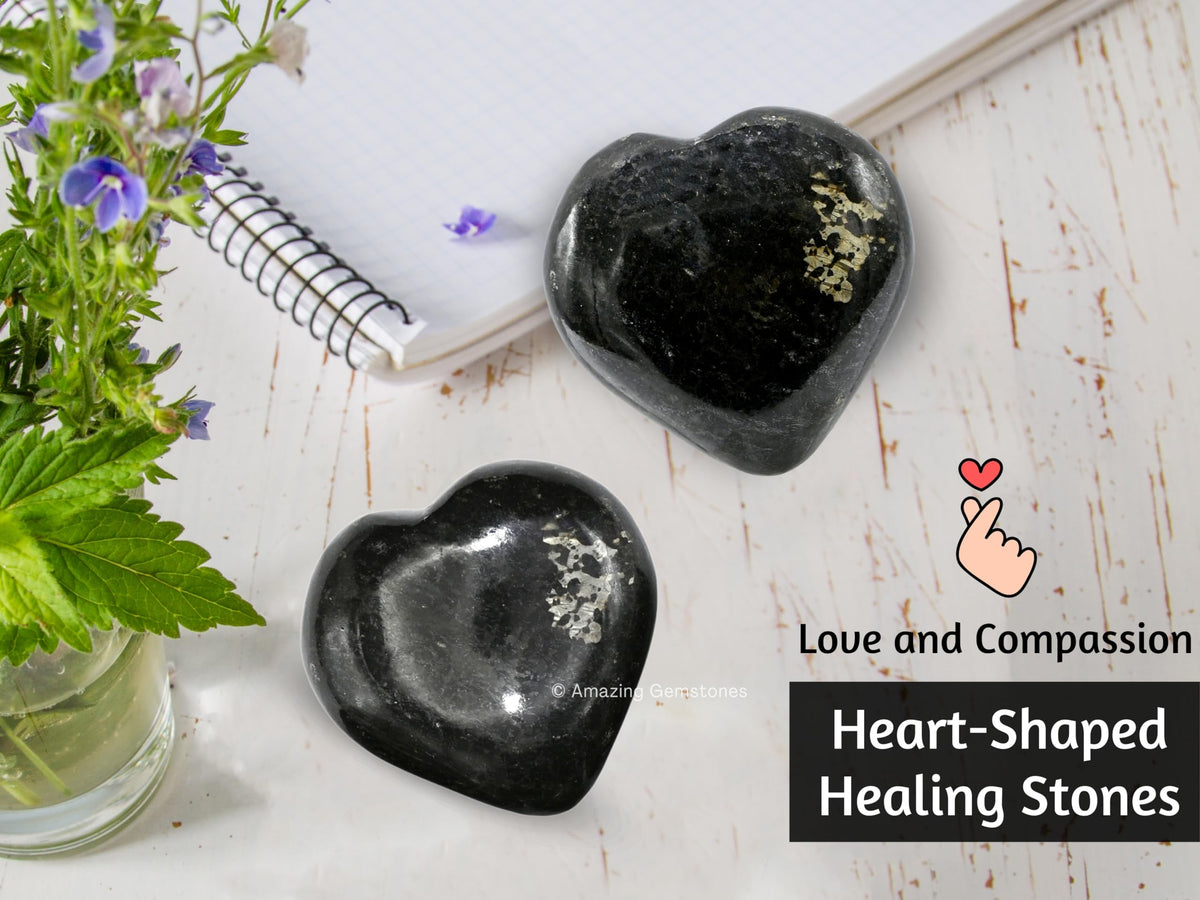 Nuummite Crystal Heart Palm Stone - Pocket Massage Worry Stone for Natural Body Chakra Balancing, Reiki Healing and Crystal Grid