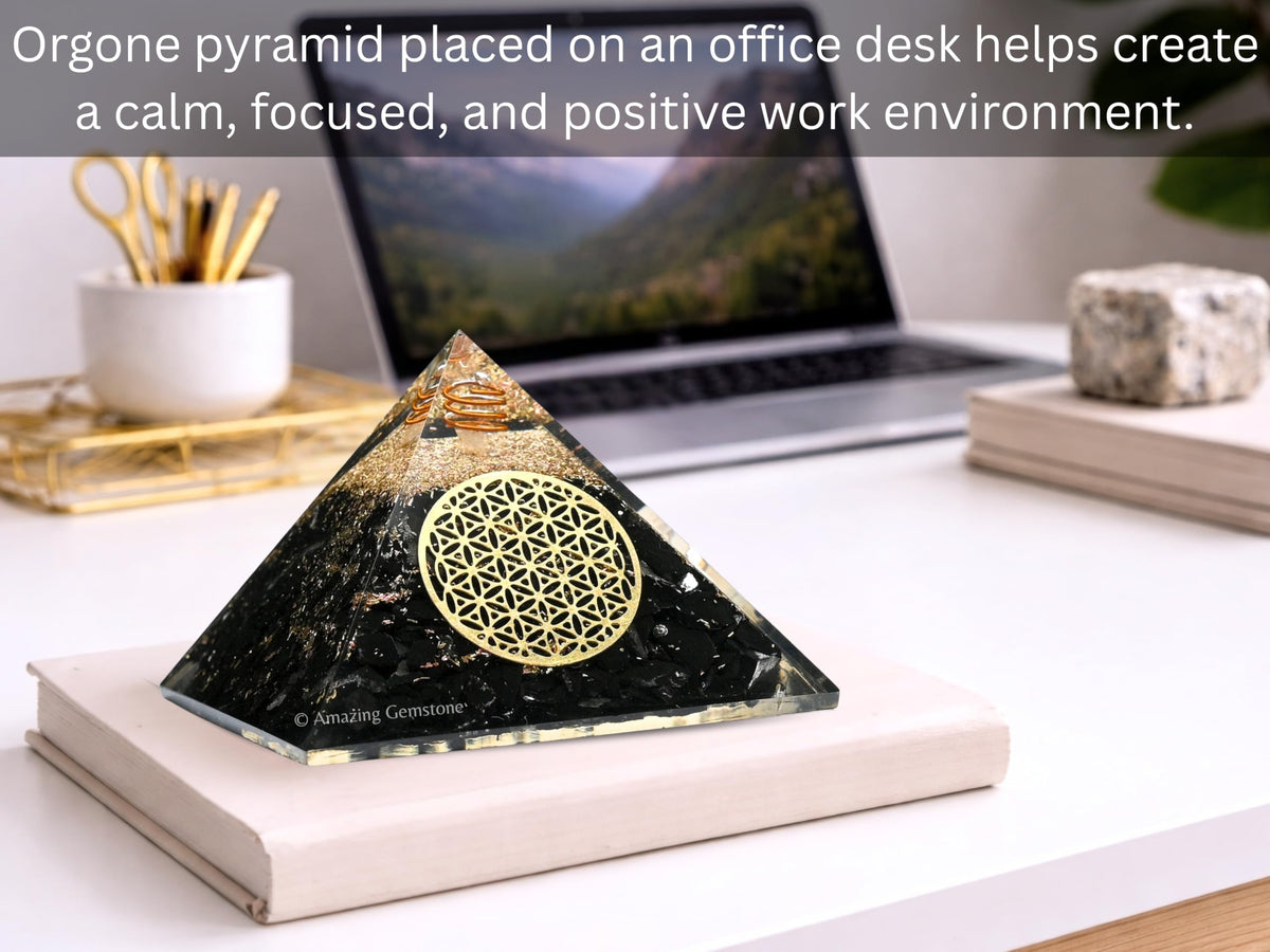 Amazing Gemstone Large Black Tourmaline Orgone Pyramid Crystal, Flower of Life Orgonite Pyramid - Positive Energy Healing