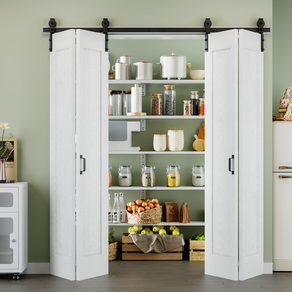 72" x 84" 1 Panel Bifold Barn Door, 80" Track Kit for 4 Closet Doors, Pre-Assembled Panel Bi-fold Barn Door for Pantry, Primed White Finish with Water-Resistant and Scratch-Resistant, Paintable