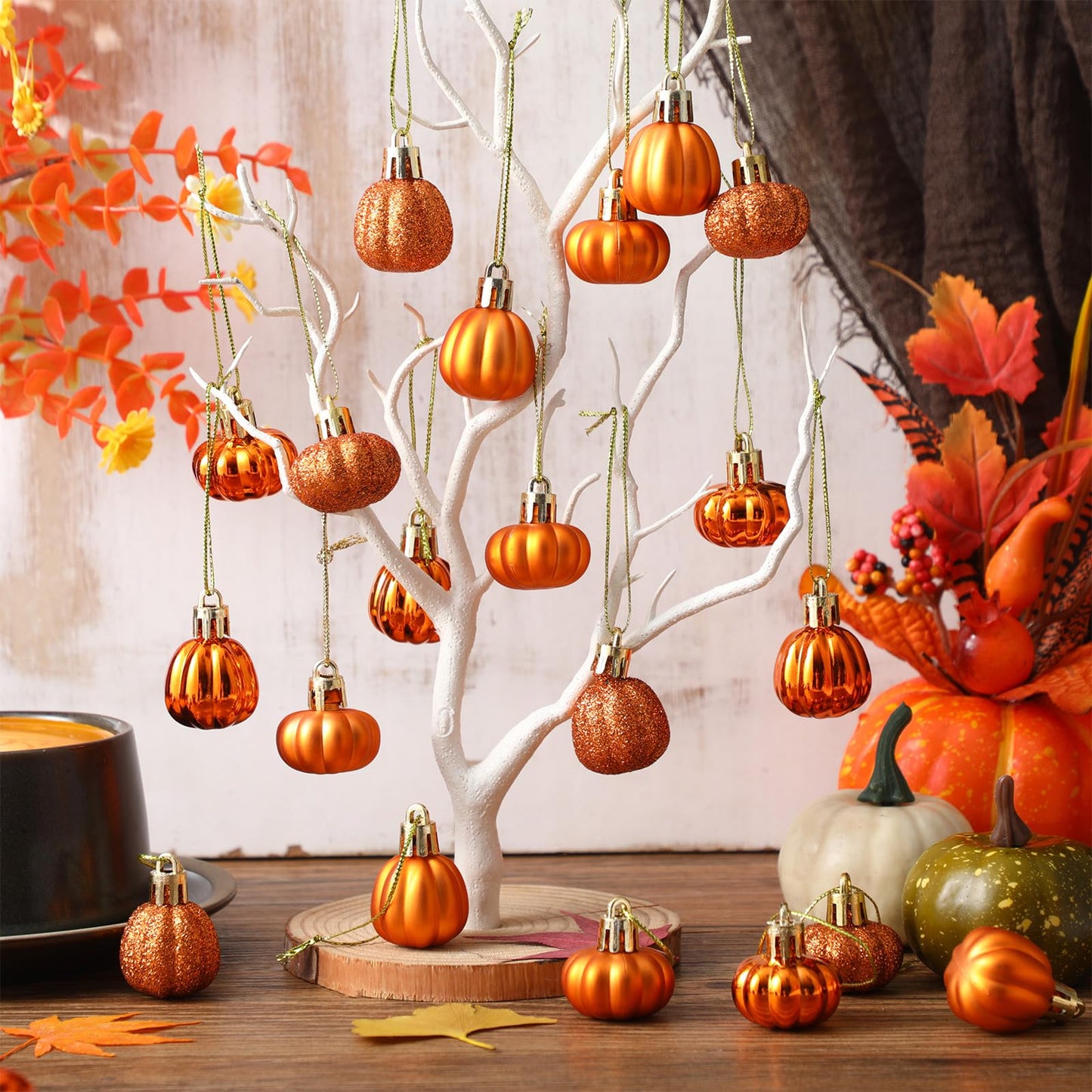 60 Pcs Fall Pumpkin Hanging Ornaments Fall Mini Pumpkin Ball Ornaments Thanksgiving Tree Hanging Decorations for Autumn Thanksgiving Harvest Small Tree Home Decor, 6 Styles