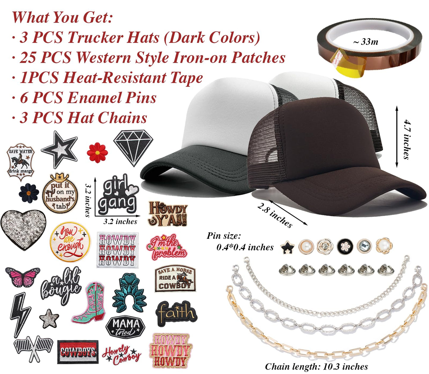 HEYTRCO Dark Western 3PCS DIY Trucker Hat Kit, Brown Mesh Foam Hats with 25PCS Western Iron on Patches, 3 Chains, 6 Pins, Heat Tape for Costume Party DIY for Men and Women