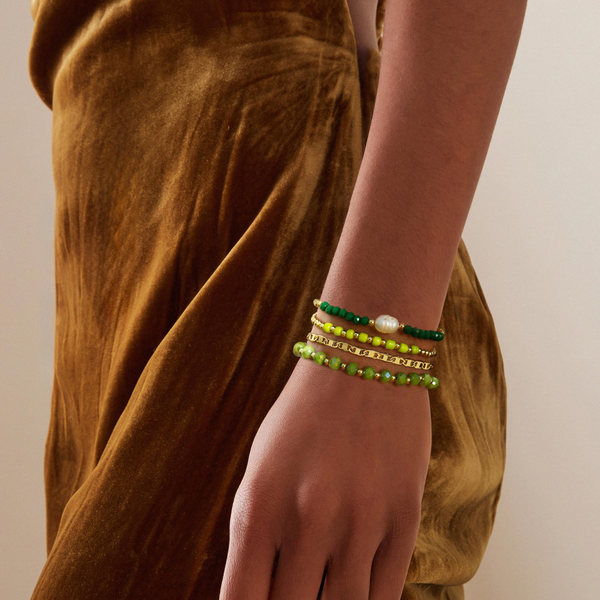 Gold Bracelets for Women Green Crystal Multiple Layered Stackable Wrap Beaded Bangle Set Coffee Bean Chain Trendy Jewelry