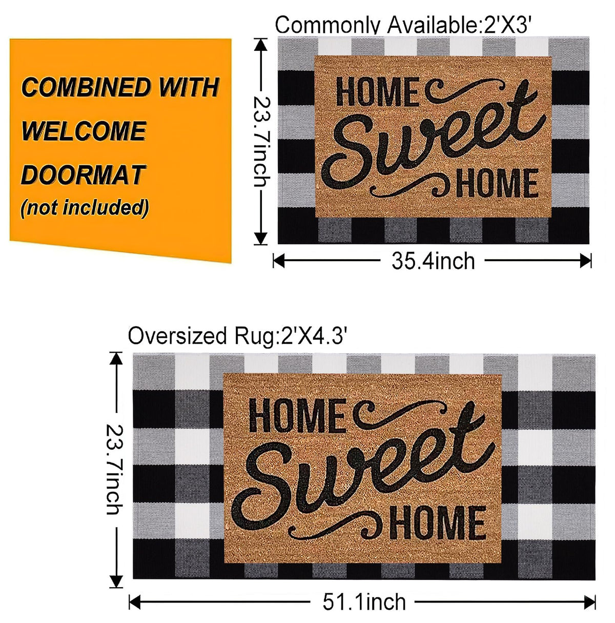 Buffalo Plaid Front Porch Rug 24''x 51''Black and White Checkered Outdoor Rug Cotton Machine Washable Farmhouse Mat for Outdoor, Kitchen, Farmhouse, Entryway,Bathroom