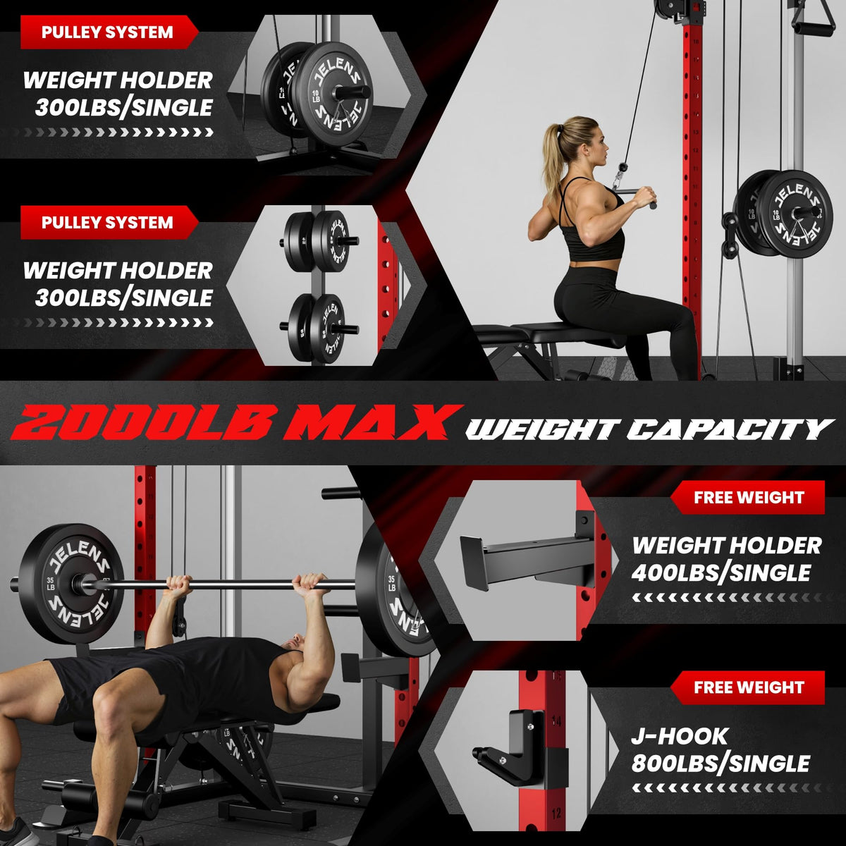 JELENS C21 Power Cage, 2000LBS Multi-Function Power Rack with Independent Dual Pulley System, All-in-One Squat Rack for Cable Crossover, Home Gym Workout Machine (Red, C21 Power Cage (Home Gym))
