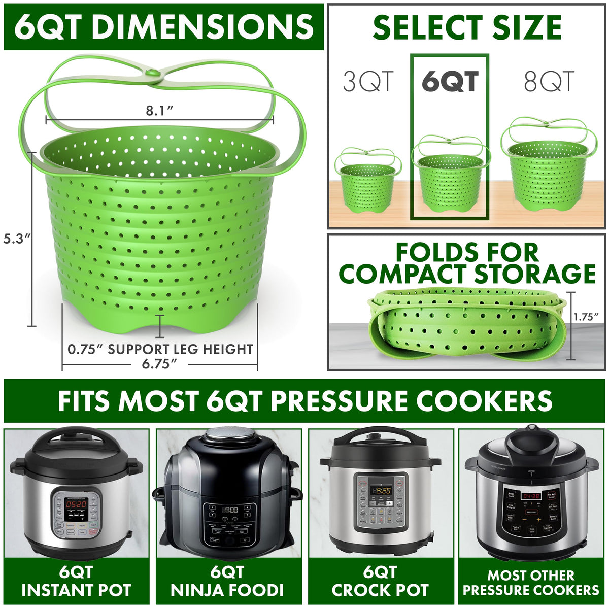 Avokado Silicone Steamer Basket for 6qt Instant Pot [3qt, 8qt avail], Other Pressure Cookers - 100% Food Safe, BPA-Free, Dishwasher Safe Collapsible Vegetable Steamer Basket & Strainer