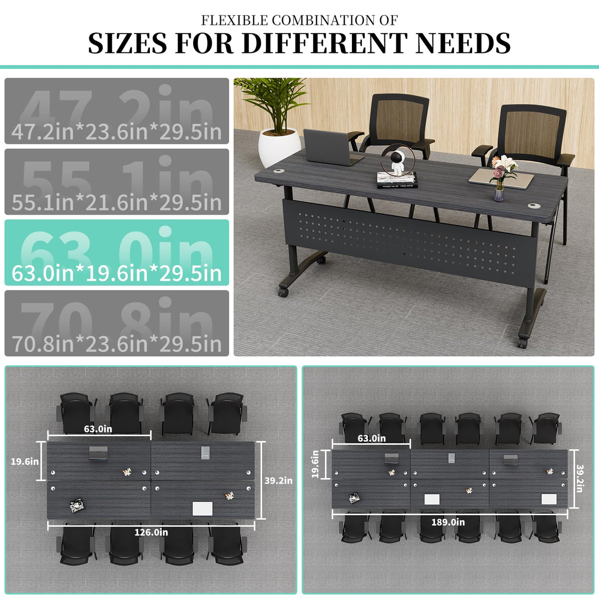 JNMDLAKO Modular Folding Conference Room Table with Wheels & 2 Cable Grommets - 6 Pack Flip Top Mobile Training Table,Modern Meeting Tables 2-30 Person, Black,61"x 19.6"x 29.5"