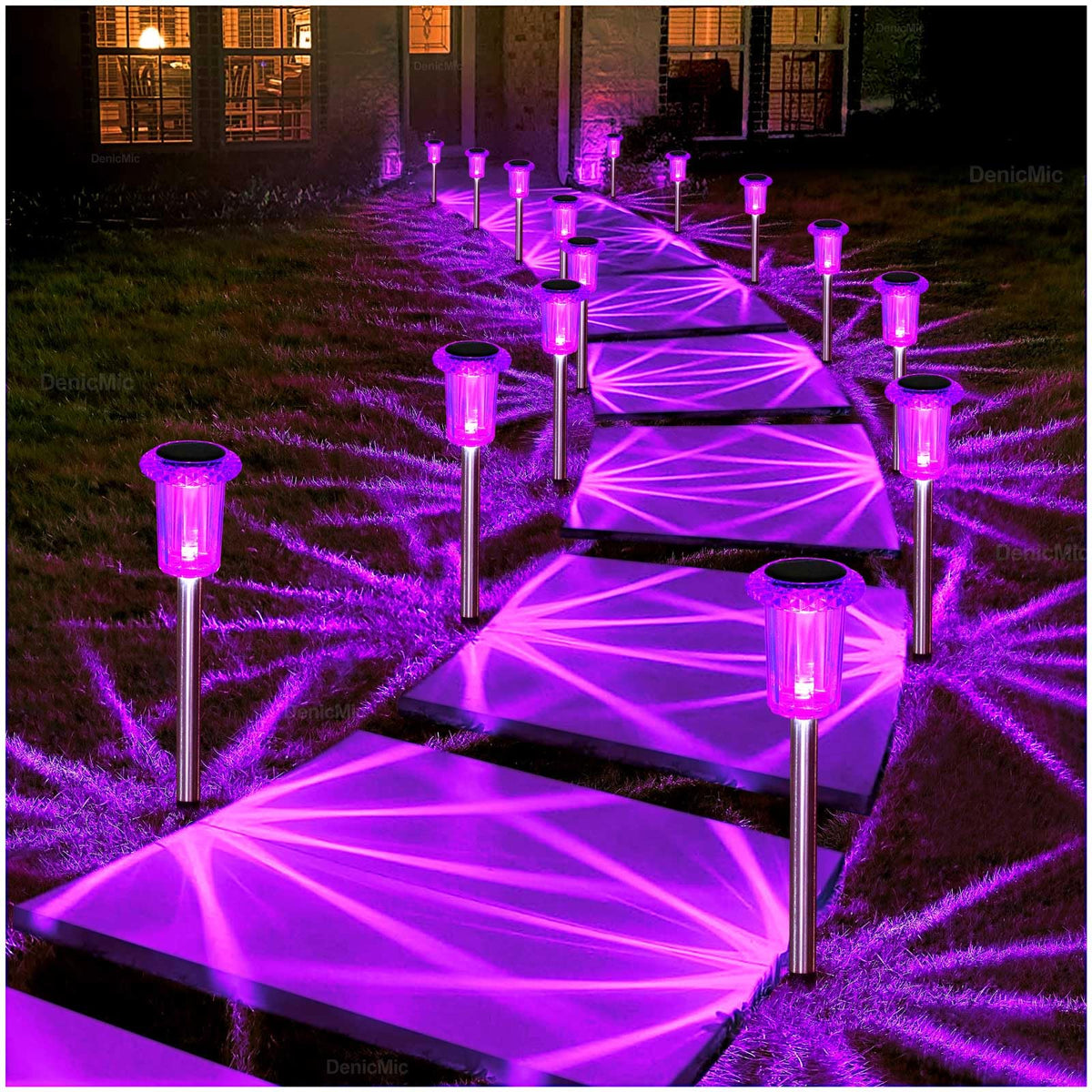 DenicMic Solar Halloween Lights Outdoor 10 Pack Waterproof Outside Lights for Yard Pathway Garden Driveway Walkway Landscape Path Lighting Purple LED Stainless Steel Stake Halloween Decor
