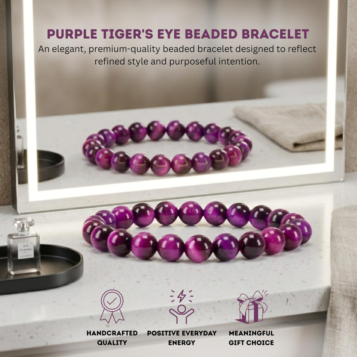 Cherry Tree Collection Purple Tiger's Eye Beaded Bracelet – Genuine 8mm Gemstone Stretch Bracelet for Men & Women – Handmade Crystal Bracelet - (Purple Tiger's Eye - S)