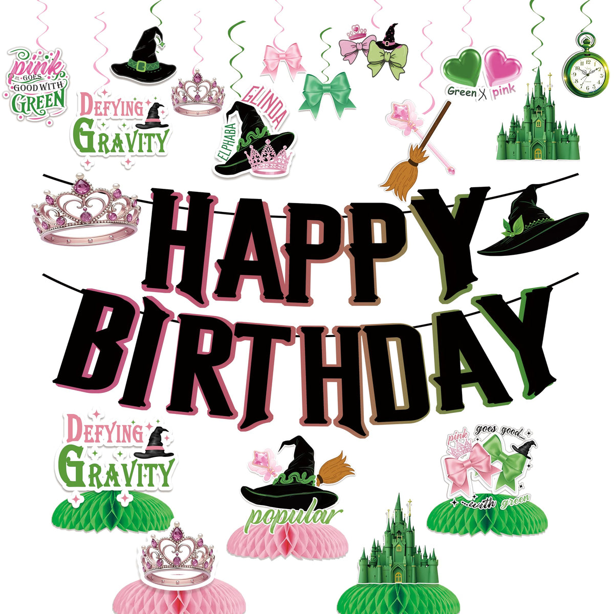 Witch Birthday Party Decorations Pink and Green Witch Decorations Movie Theme Happy Birthday Banner Honeycomb Table Centerpieces for Halloween Witch Movie Bday Party Decor