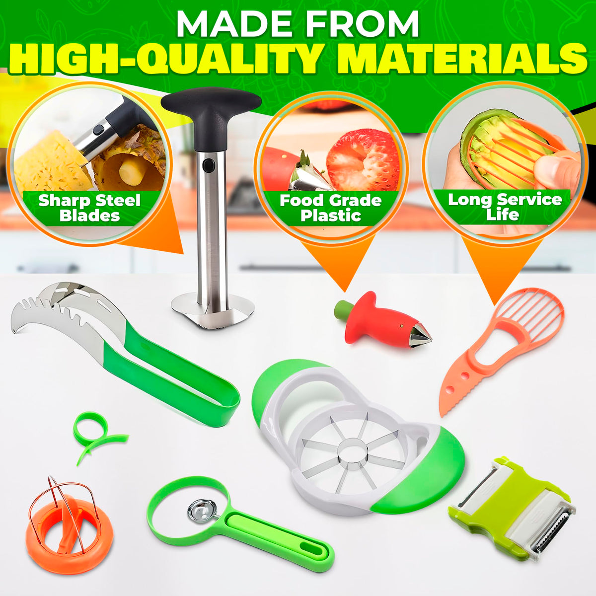 9 Pcs Pineapple Corer and Slicer Set – Sturdy, Sharp & Easy to Clean Pineapple Slicer Tool with Fruit Corer, Slicers and Peelers – Works for Apples, Melons, Avocados, Citrus, Berries, Bananas & More