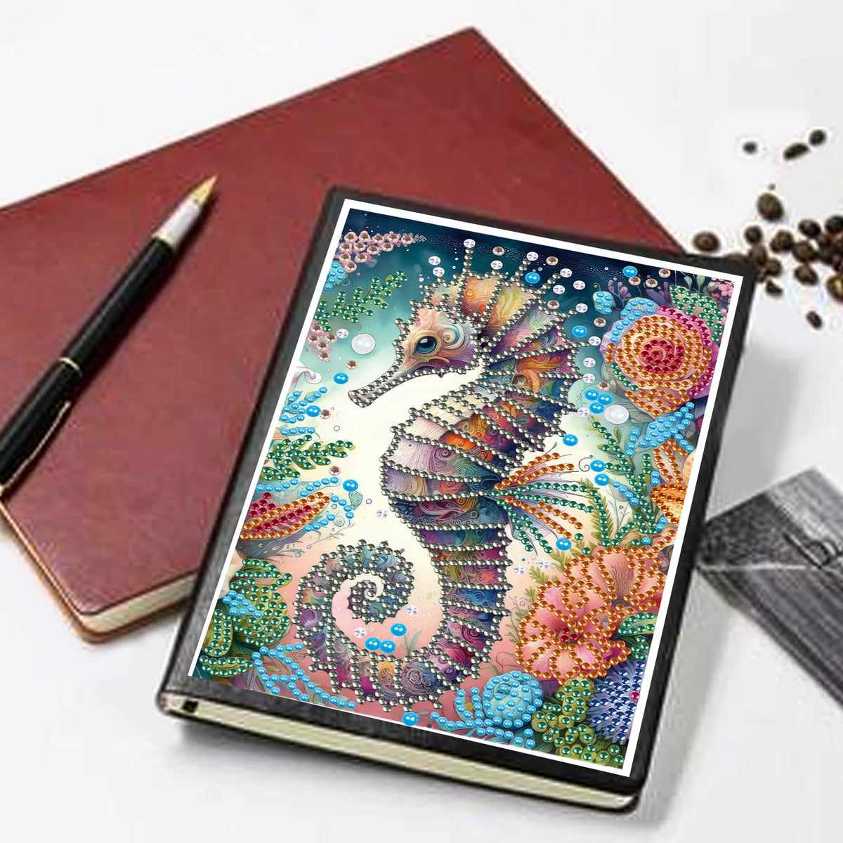 JISHSHAY Diamond Art Notebook Journal Diamond Painting Note Book Gem Art Sketchbook Gem Painting Diary Mosaic Kits for Adults Blank Notebook with Special Shaped 14.5×21cm/5.7×8.26in Sea Horse