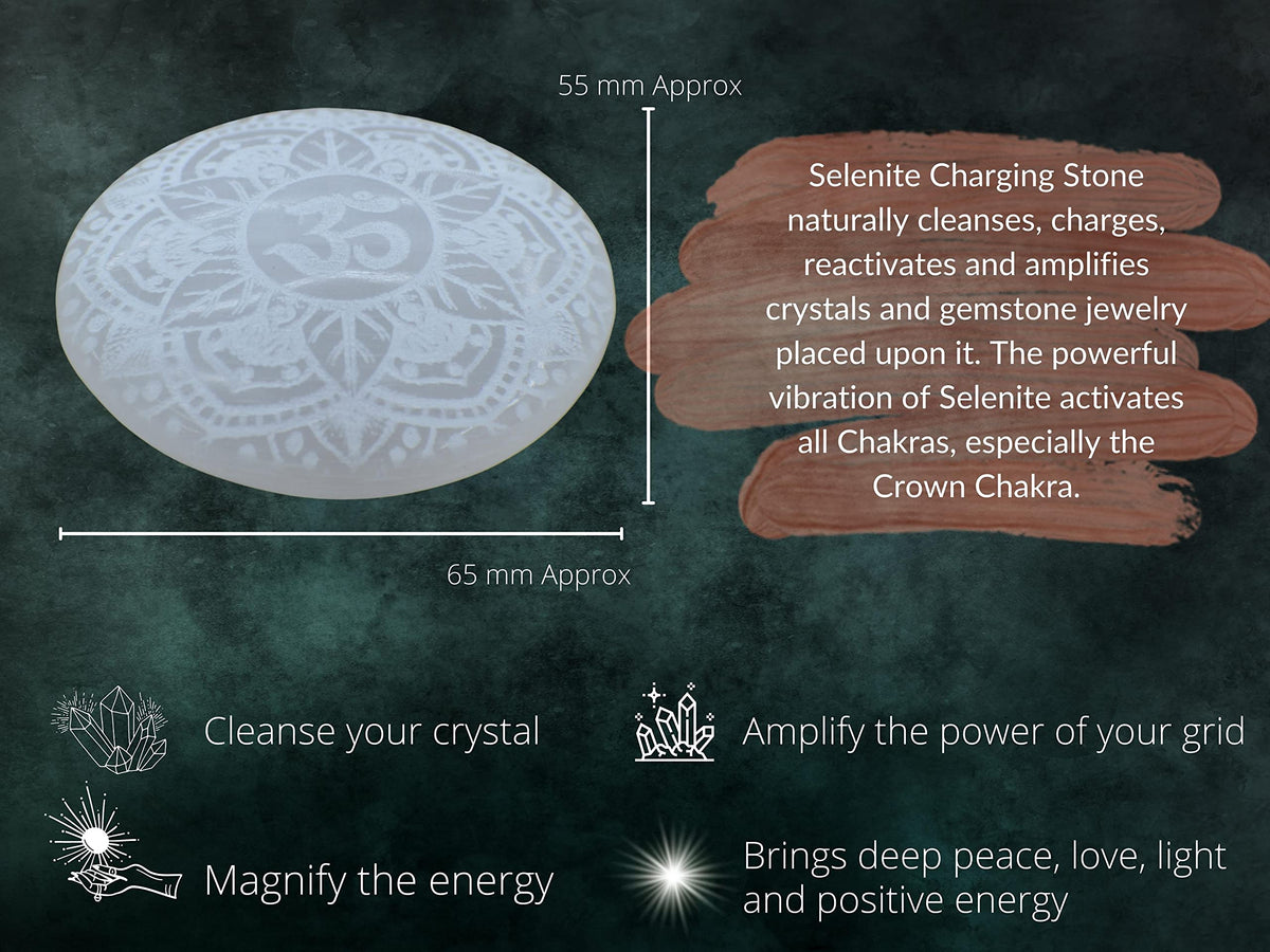 Amazing Gemstone Selenite Palm Stone - OM Engraved Hot Massage Worry Stone for Natural Body Chakra Balancing, Reiki Healing and Crystal Grid