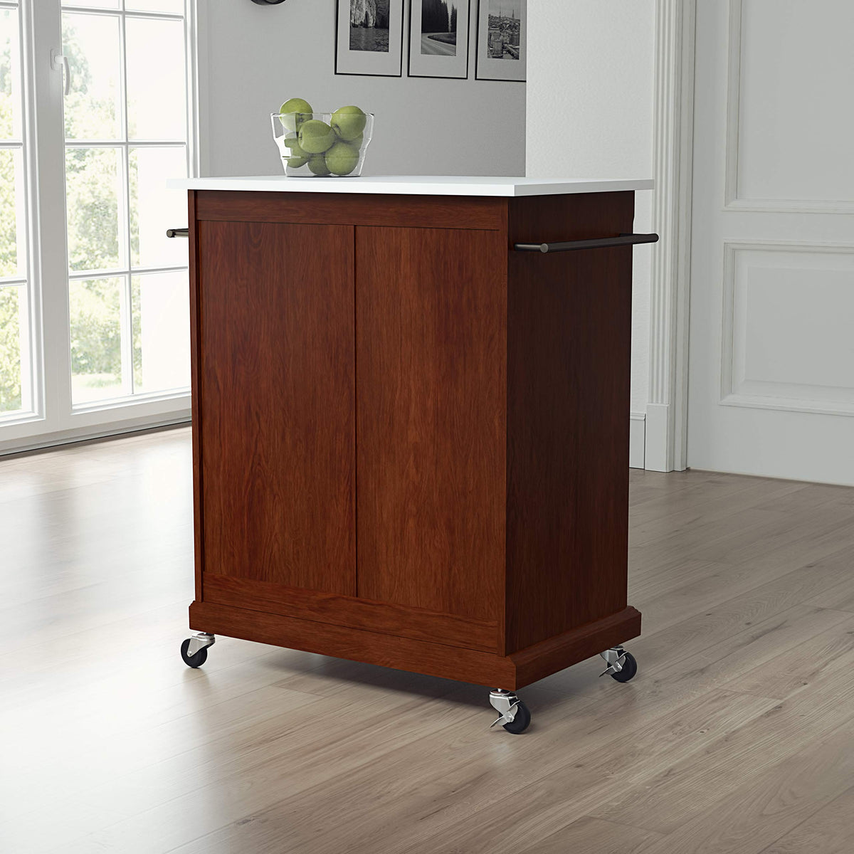 Crosley Furniture Compact Stone Top Small Rolling Cart with Shelves, Microwave Stand with Towel Rack, Mahogany
