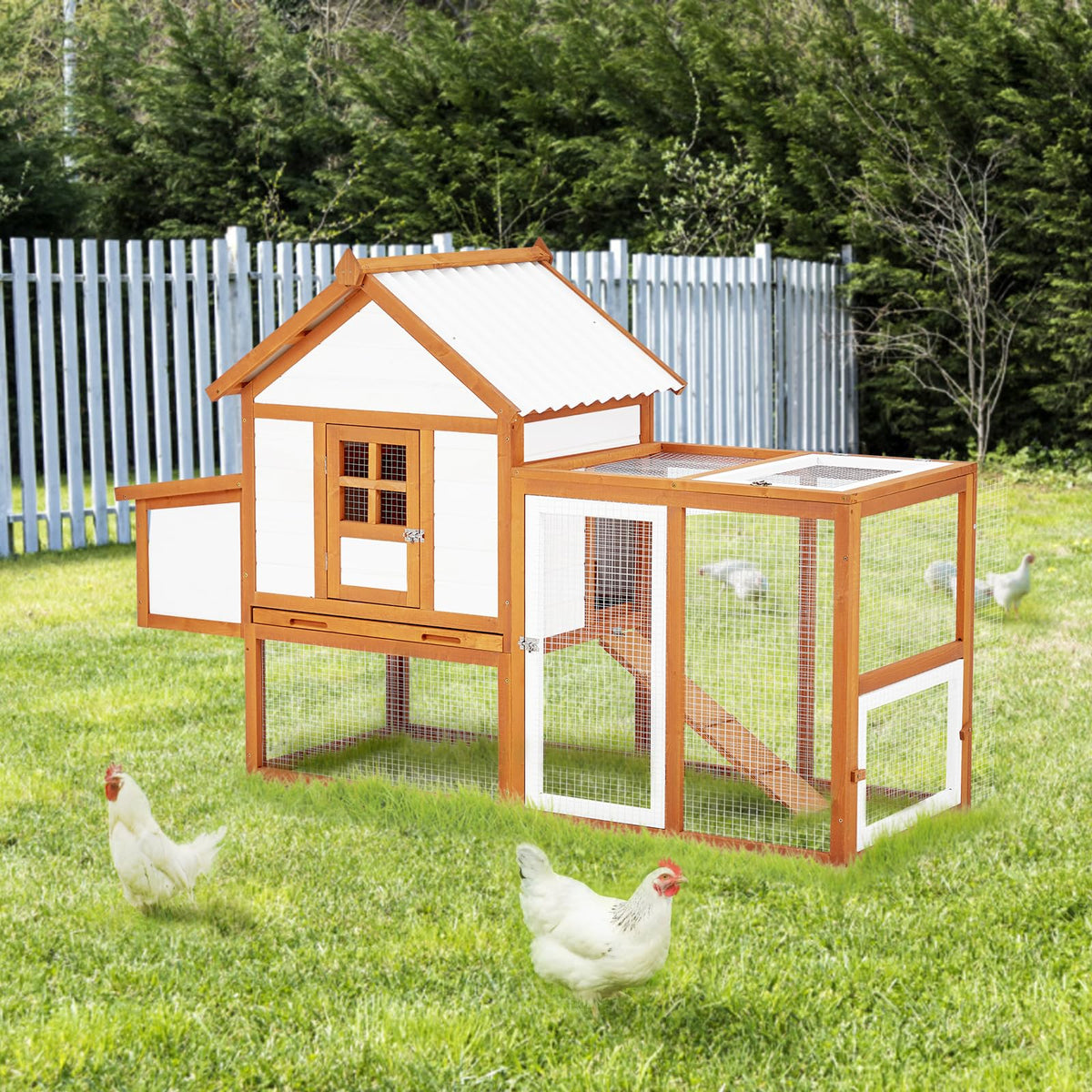 Chicken Coop with Nesting Box and Run, Wooden Outdoor Hen House, Chicken House with Ramp, 5 Access Doors, Removable Tray and Galvanized Wire for Backyard Poultry, Rabbit Hutch