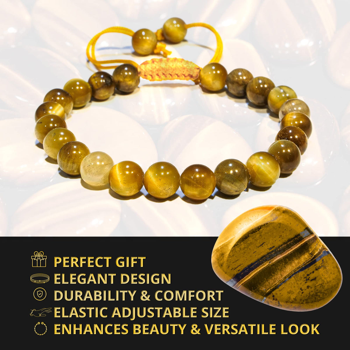 ANAYA AGATE Healing Crystal Bracelet – Chic Gemstone Bracelet for Men and Women – 8mm Round Bead Bracelets for Spiritual Healing, Protection, Positive Energy - Tiger Cats Eye