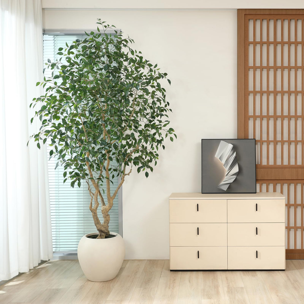 SOGUYI Ficus Tree Artificial Indoor, 8 Feet Tall Faux Ficus Tree with Round Artisan Planter, Premium Handmade, Realistic Trunk & Lifelike Leaves, Perfect for Large Spaces & Elegant Home/Office Decor