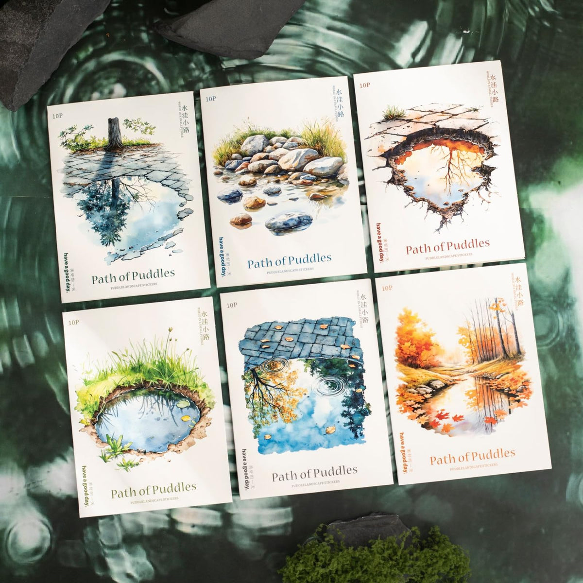 60 Pieces Aesthetic Landscape Creation PET Sticker Set, 6 Pack Vintage Puddles Scenery PET Stickers for Scrapbooking, Journaling, Waterproof DIY Crafts, and Junk Journal