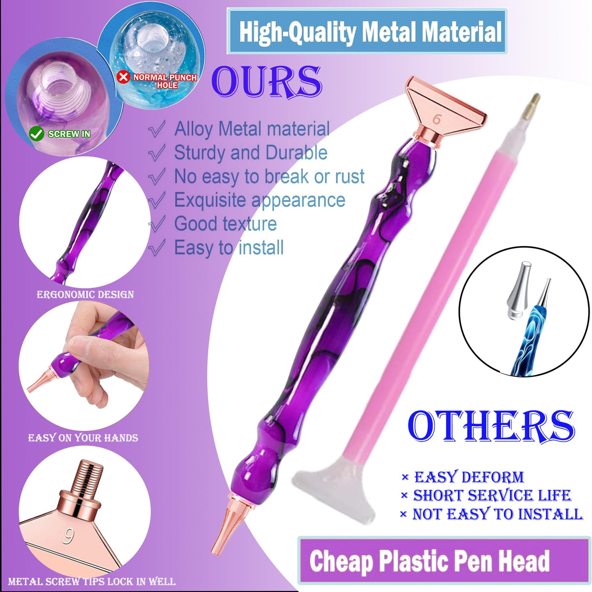 jecxucci Diamond Painting Art Drill Bead Dot Pen Kit with 6pcs Stainless Steel Tips, 6 Glue Clays, Diamond Art Roller and 50Pcs Cleaner Paper, 5D Diamond Painting Trays Sticky Pad (Purple + Rose Red)