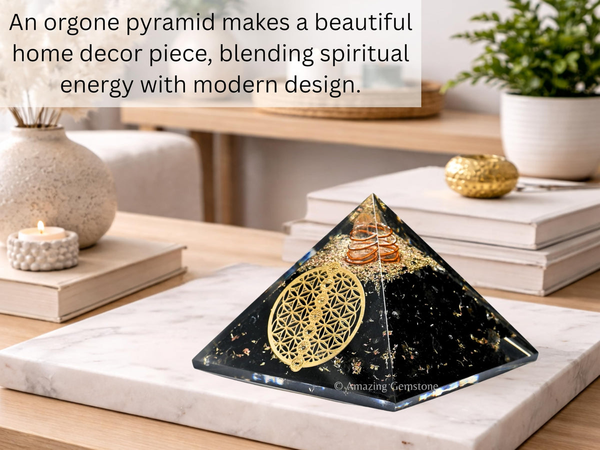 Amazing Gemstone Large Black Tourmaline Orgone Pyramid Crystal, Chakra Flower of Life Orgonite Pyramid - Positive Energy Healing