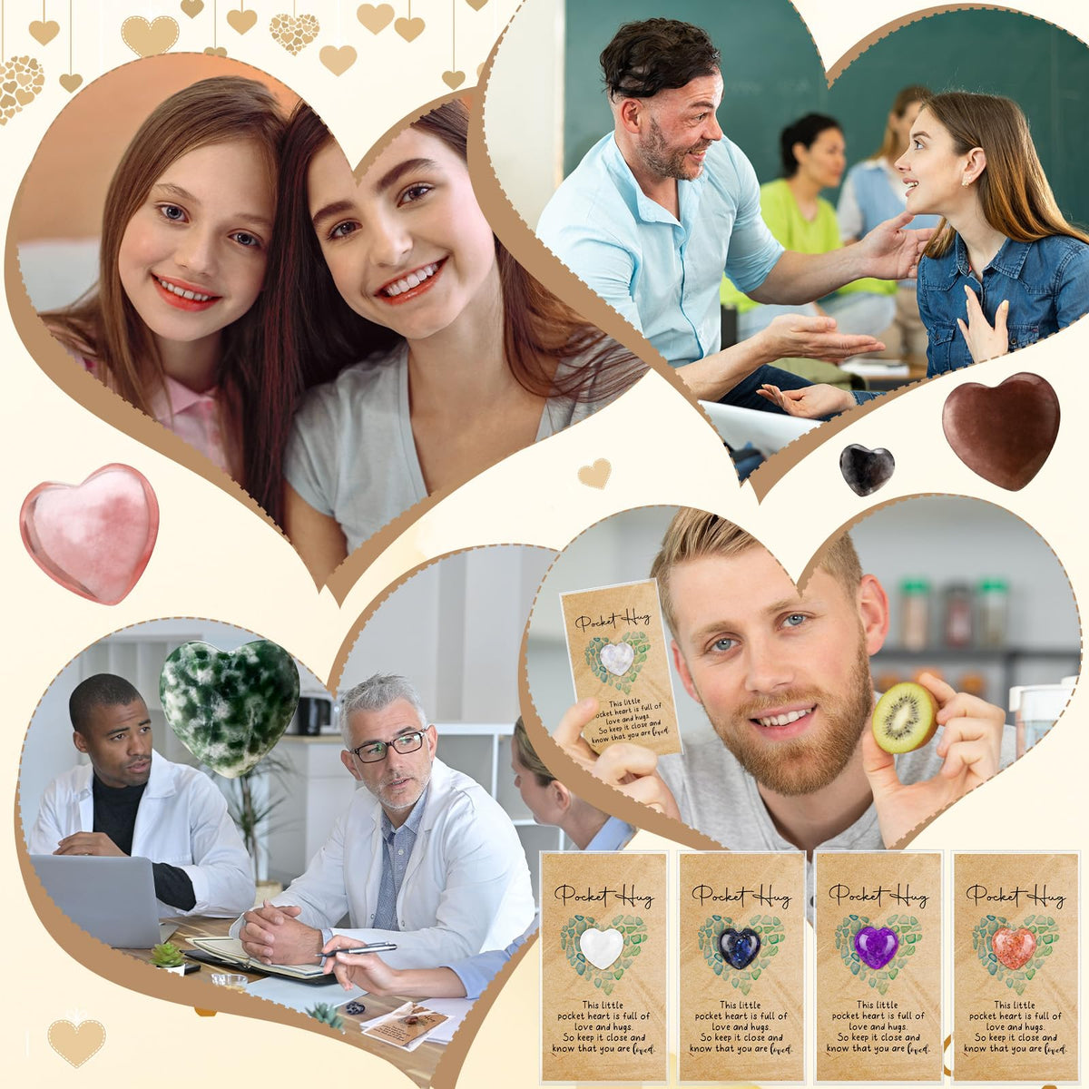 Nosiny 15 Sets Heart Stones Bulk Mother's Day Gift for Women Pocket Hug Token 0.8'' Natural Heart Crystals and Healing Stones with Card Employee Coworker Volunteer Nurse Graduation Meditation Gift