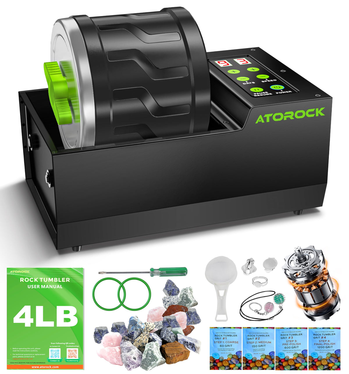A1 Professional Rock Tumbler Kit, 4LB Extra-Large Barrel with Cutting-Edge Brushless Motor, Adjustable Speed & Timer, Durable Metal Base for Adults & Rock Collectors – Includes Full Accessories