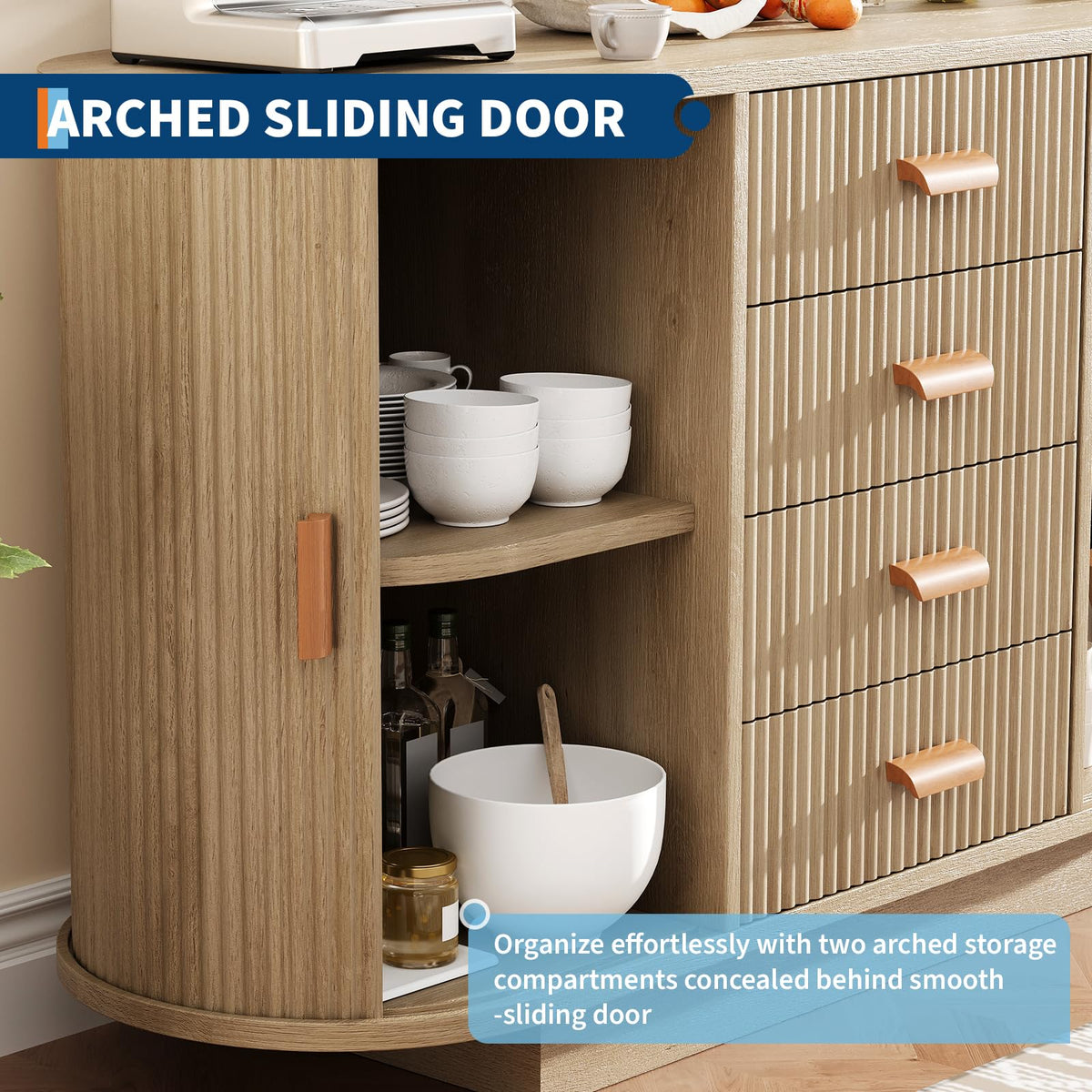 47" Fluted Sideboard Buffet Cabinet, Modern 60" Buffet Table with 4 Drawers and 2 Arched Sliding Doors, Coffee Bar Storage Console Cabinet, Accent Table for Dining Living Room, Hallway- Natural Oak