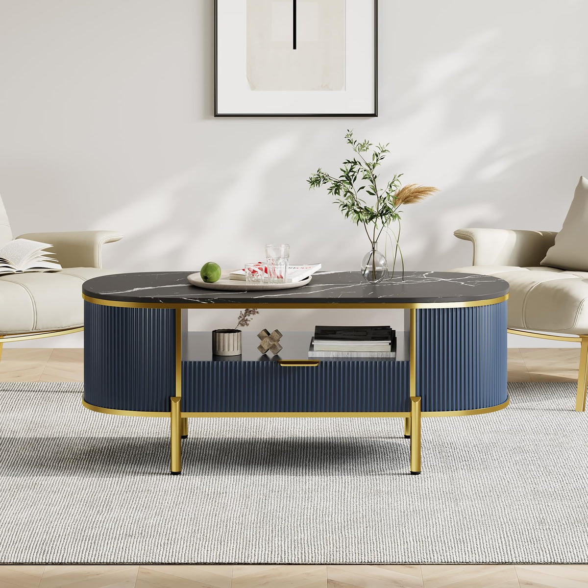 Takywep 48 inch Oval Coffee Table with Drawer, Fluted Modern Faux Marble Top Coffee Table for Living Room, Gold Metal Legs, Center Table for Lounge, Navy Blue