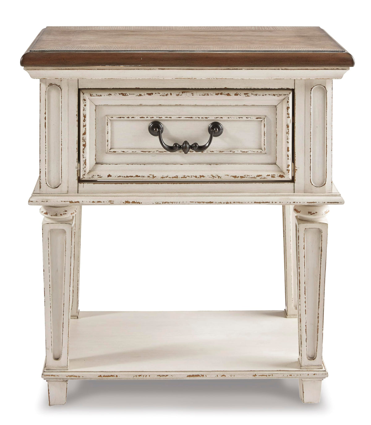 Signature Design by Ashley Realyn Traditional Cottage 1 Drawer Nightstand with Dovetail Construction & Open Display Shelf, Chipped White, 27" Tall, Distressed Brown