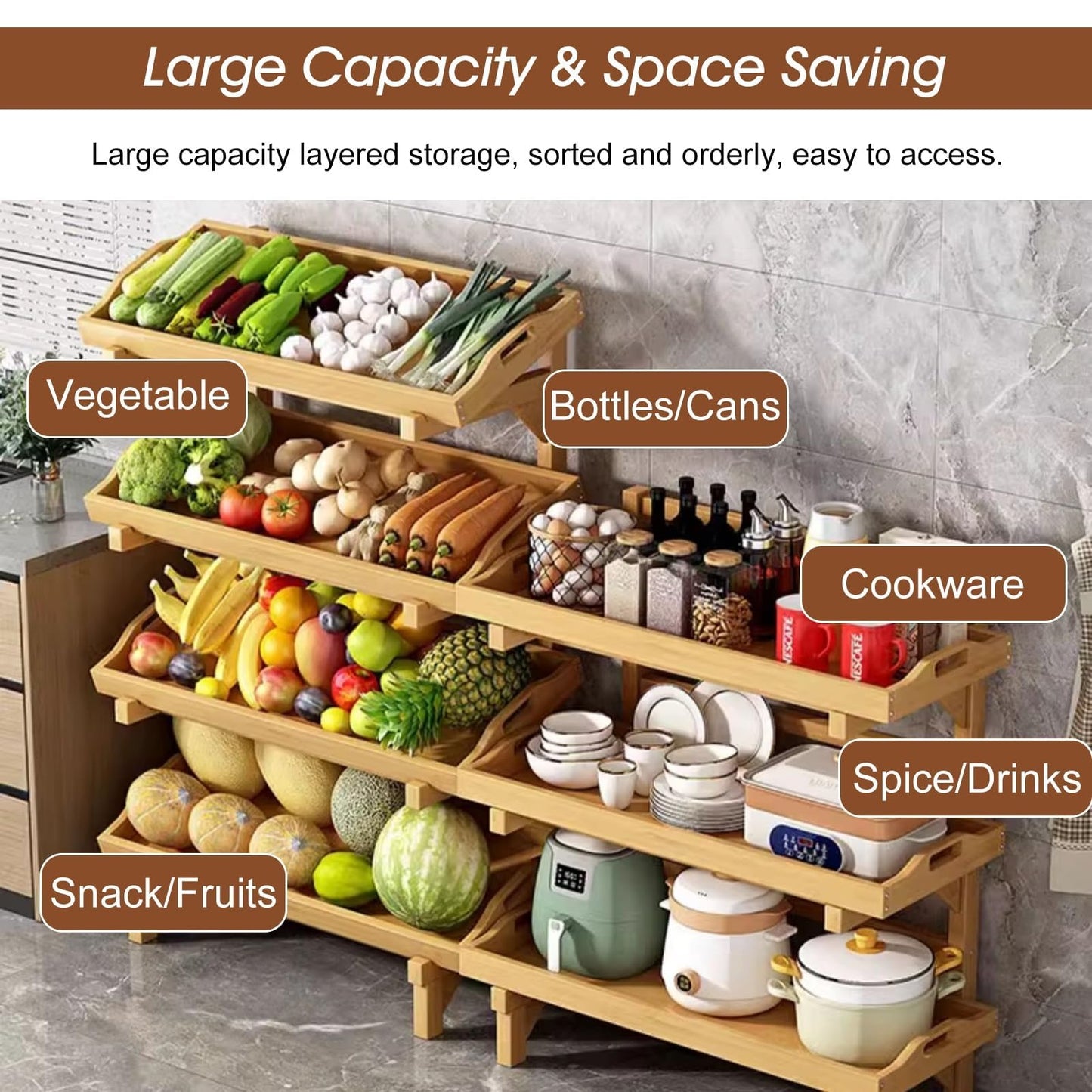 MDYHY Wooden Fruit and Vegetable Storage Basket ， 4 Tier Commercial Retail Rack Display Stand for Home Kitchen Pantry, Free Standing Snack Shelf