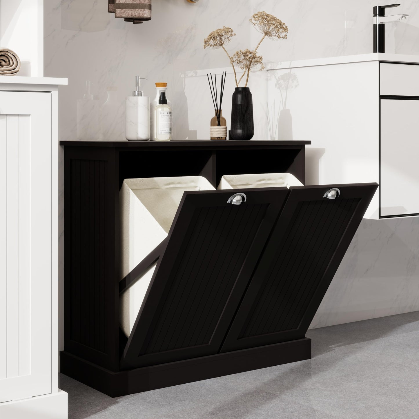 agnixnaf Laundry Sorter Cabinet, Two-Compartment Tilt-Out, Black Storage Cabinet, for Small Bothroom