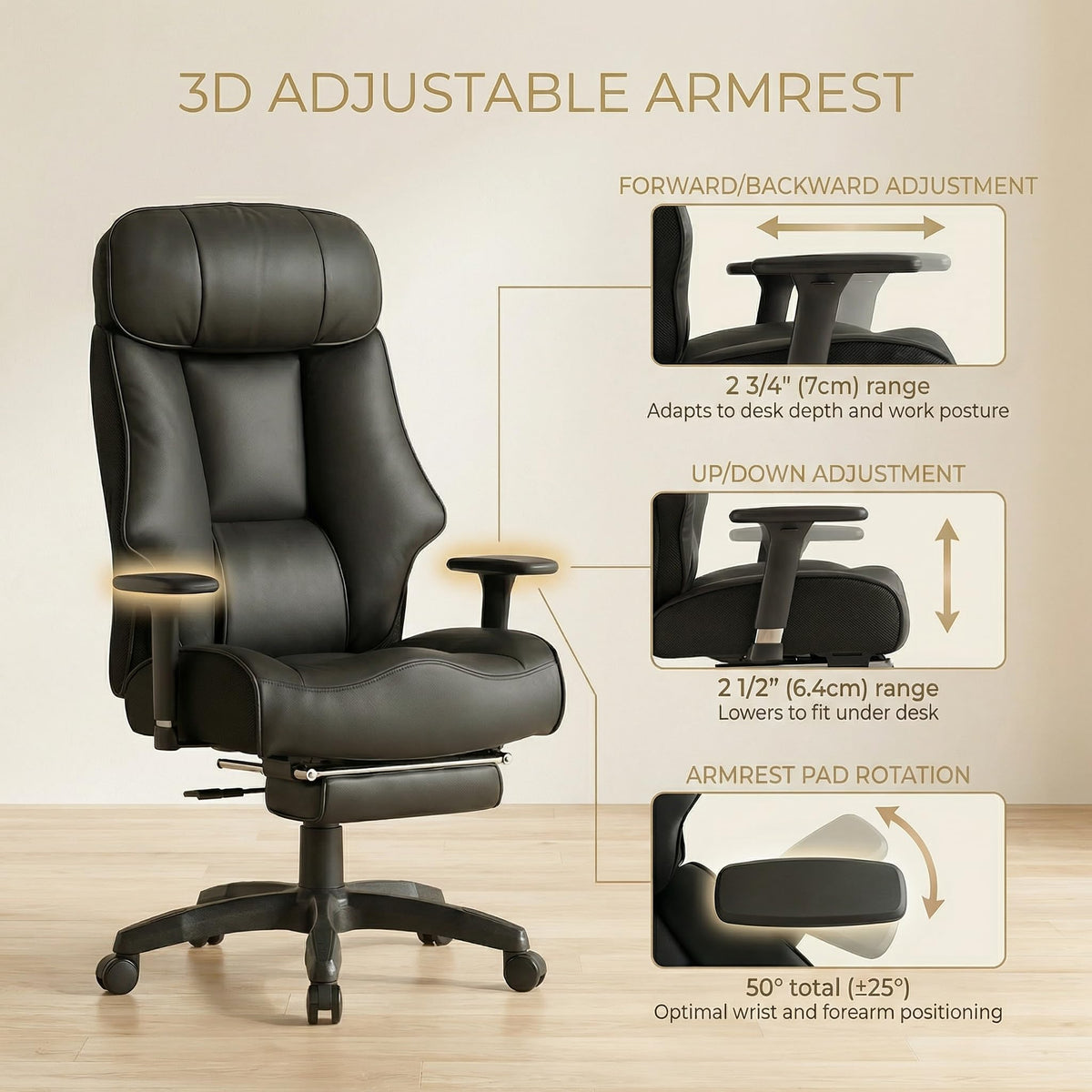 EXCEBET Big and Tall Office Chair 500lbs - 22.4" Extra Wide Seat Ergonomic Executive Chair, Heavy Duty High Back Leather Office Chair with Footrest, Lumbar Support & Adjustable Arm (All Black)