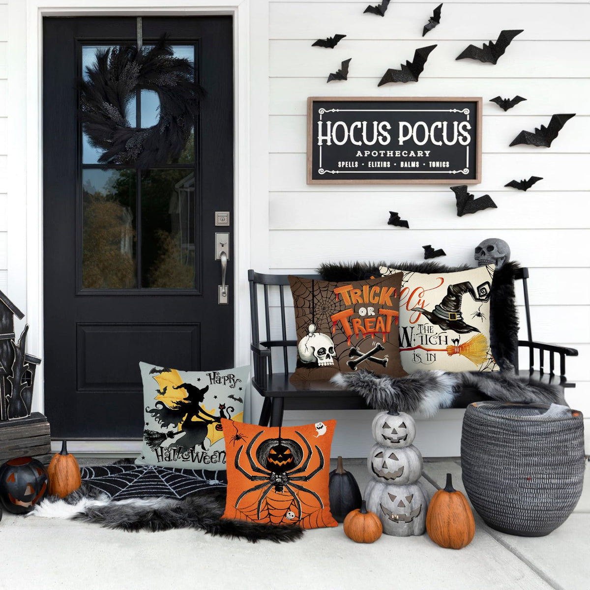 Bonhause Halloween Pillow Covers 18 x 18 Inch Witch Spider Skull Trick or Treat Decorative Pillows for Sofa Home Halloween Decor Set of 4
