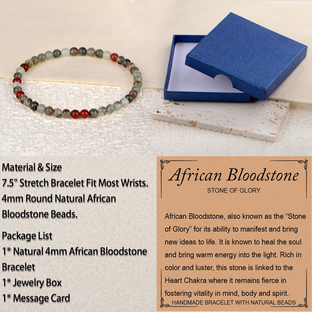 LPBeads Handmade Natural Gemstone Stretch Elastic 4mm African Bloodstone Bracelet Healing Crystal Round Stone Beads Jewelry Gifts for Women Men