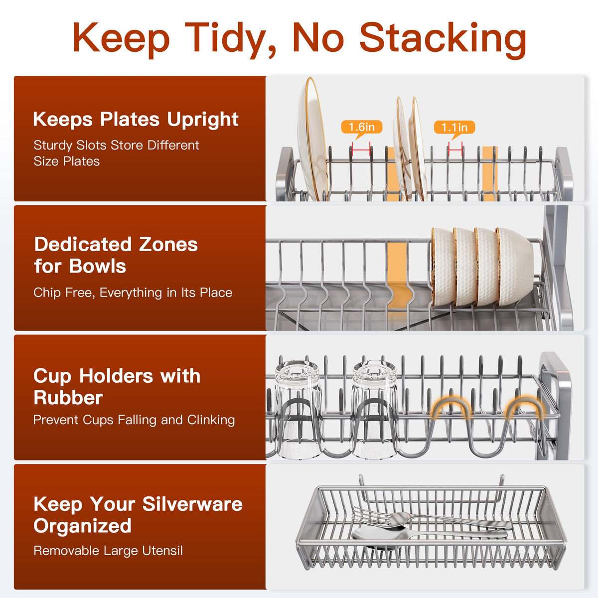 2 Tier Dish Drainer Drying Rack for Kitchen Counter, Large Stainless Steel Dishes Dryer with Drainboard, Space Saving, Big Rustproof Metal Modern Countertop Plates Strainer with Utensil Holder, Sliver